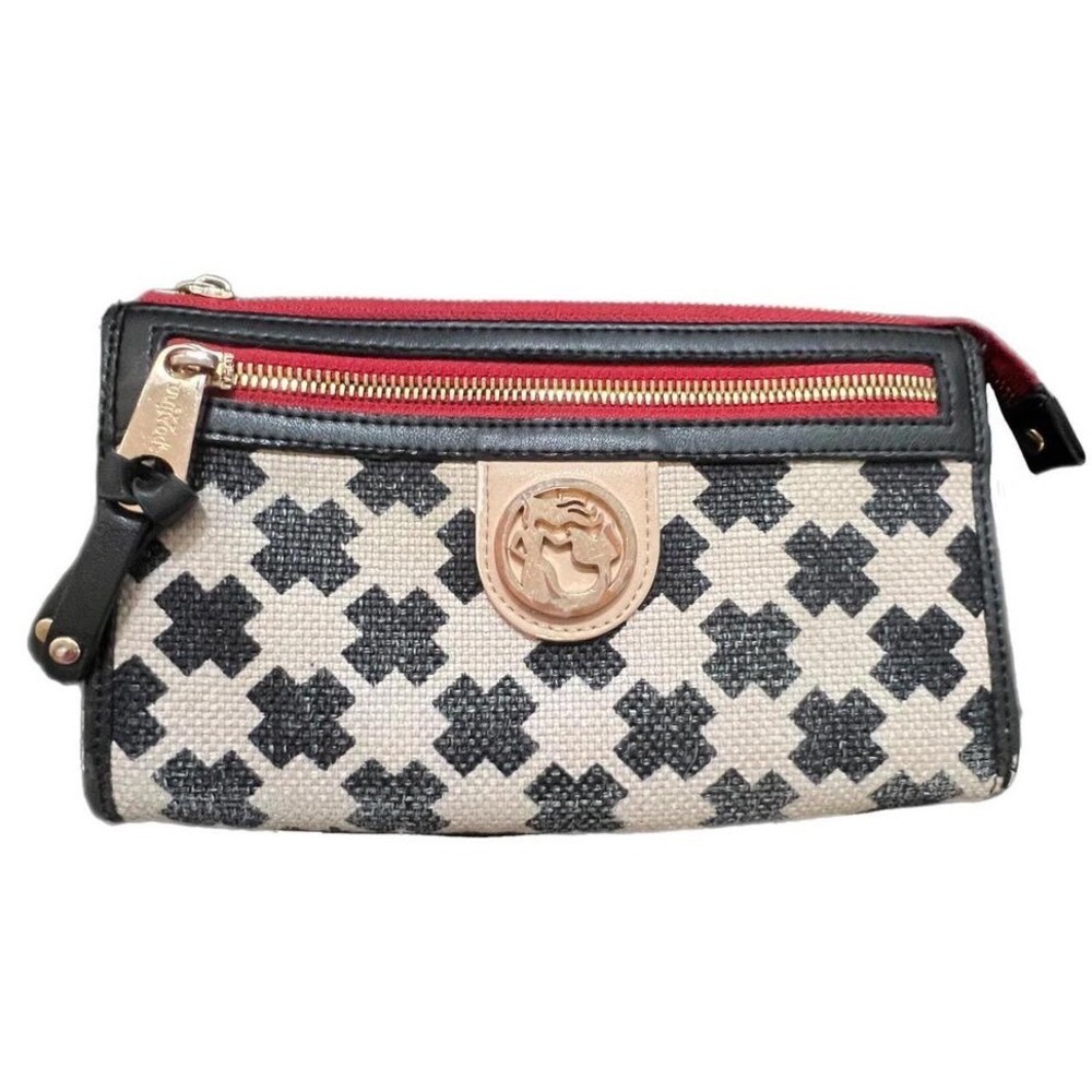 Spartina 449 Wallet‎ Black Cream Geometric Linen Leather Zip Around OS